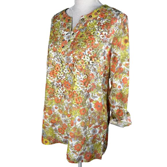 Multiples Top Blouse Retro Floral Large L Semi-Sheer 70s Roll Tab Sleeves - Picture 5 of 9